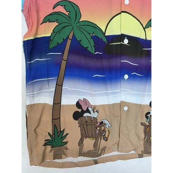 Disney Shirt Mens Large Mickey Minnie Hawaiian Sunset Beach Short Sleeve Button - Picture 4 of 13